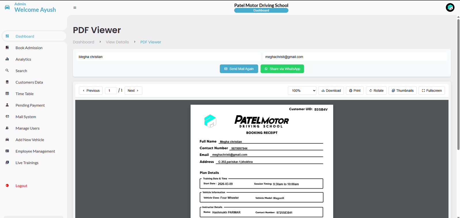 Booking Receipt PDF Viewer